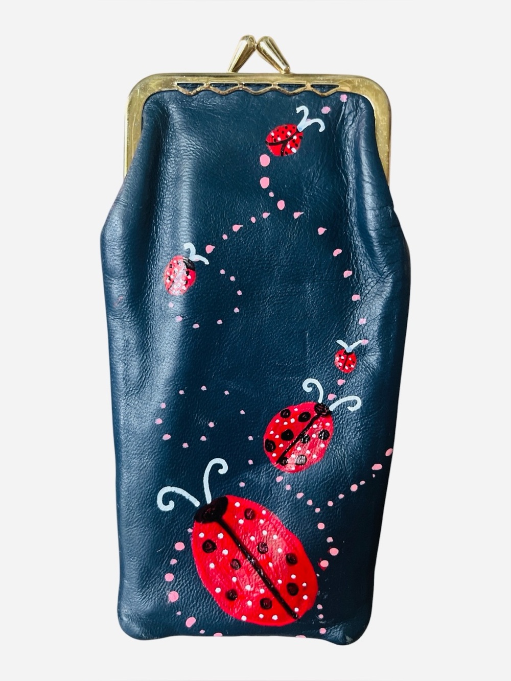 Vintage Made in England Leather Coin Purse Eyeglass Case Hand Painted Ladybugs